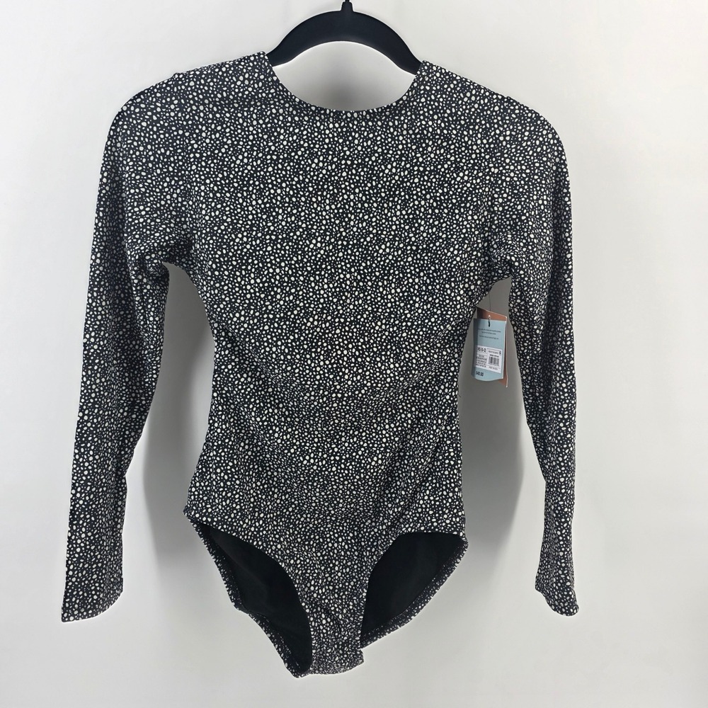 Kona Sol Womens Long Sleeve One Piece Swimsuit Black White Dot Open Back XS 0-2